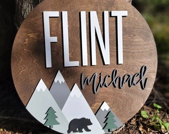 Custom Name Sign, Mountain Sign, Bear Adventure theme, Outdoor Nursery Room Decor, Rustic Nursery Decor, Wood Sign, Name on Wood Sign