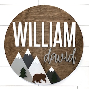 Custom Name 18-36 Mountain Sign Bear Adventure theme Outdoor Nursery Room Decor Wood Sign Nursery Wall Art Shower Gift Wood image 1