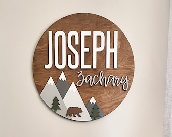 Woodland Theme Nursery Name Sign | Newborn Nursery Name Sign with Mountains | Mountain Nursery Decor | Unique Baby Shower Gift for New Mom