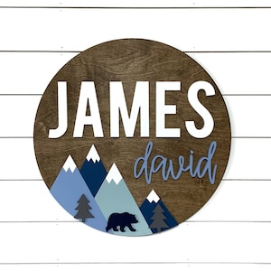 Custom Name | 18-36&quot; Mountain Sign | Bear Adventure theme | Outdoor Nursery Room Decor | Wood Sign | Nursery Wall Art | Shower Gift | Wood