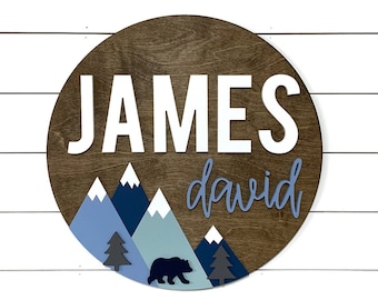 Custom Name | 18-36" Mountain Sign | Bear Adventure theme | Outdoor Nursery Room Decor | Wood Sign | Nursery Wall Art | Shower Gift | Wood