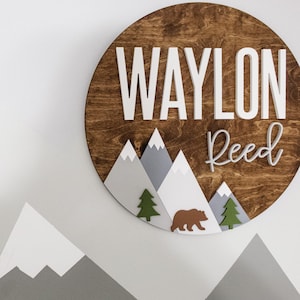 Custom Name | 18-36&quot; Mountain Sign | Bear Adventure theme | Outdoor Nursery Room Decor | Wood Sign | Nursery Wall Art | Shower Gift | Wood