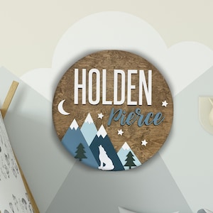 Custom Wooden Mountain Sign | Wolf Woodland theme | Outdoor Nursery Room Decor | Nursery Name Sign with Wolf | Adventure Woodland Theme Sign