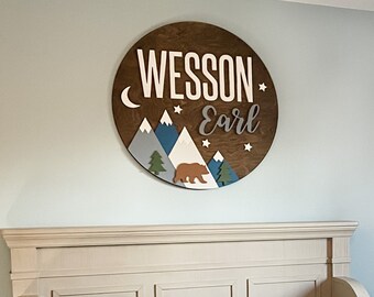 Nursery Name Sign | Mountain Theme | 18-36 inch | Adventure Nursery Room Decor | Wood Sign | Custom Sign | Baby Shower Gift | Galaxy Theme
