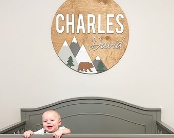 Woodland Theme Nursery Name Sign, Newborn Nursery Name Sign with Mountains, Mountain Nursery Decor, Name Sign for Boy Nursery, Boy Room