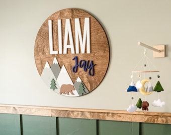 Nursery Name Sign | Bear Mountain Sign | 18-36 inch | Adventure Nursery Room Decor | Wood Sign | Custom Sign | Baby Shower Gift | Round Crib