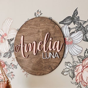 Nursery Name Sign, 12-36 Inch, Baby Shower, Personalized Round plaque, Customize Wood Baby Sign, 3D Name Sign, Vintage Floral Theme image 1