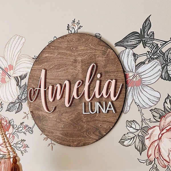 Nursery Name Sign, 12-36 Inch, Baby Shower, Personalized Round plaque, Customize Wood Baby Sign, 3D Name Sign, Vintage Floral Theme