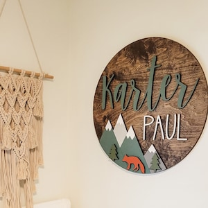 Woodland Theme Nursery Name Sign, Newborn Nursery Name Sign with Mountain, Mountain Nursery Decor, Wildlife Nursery Decor, Name Sign for Boy