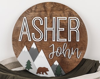 Custom Name Sign, Mountain Name Sign, Bear Woodland decor, Nursery Room Decor, 3D Wood Sign, Nursery Wall Art, Woodland Nursery Decor