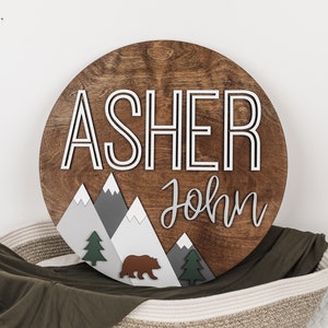 Custom Name Sign, Mountain Name Sign, Bear Woodland decor, Nursery Room Decor, 3D Wood Sign, Nursery Wall Art, Woodland Nursery Decor