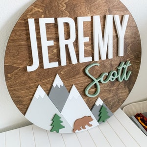 Wooden Name Sign for Woodland Theme Nursery | Nursery Name Sign for Boy | Customized Baby Shower Gift | Baby Name Sign with Mountains | Bear