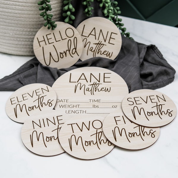 Marcadores de madera para hitos, accesorios para fotos del primer año, regalo único para nuevos padres, marcadores de edad mensuales, letrero de fecha de nacimiento, anuncio de nombre