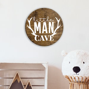 Wooden Little Man Cave Sign for Woodland Themed Nursery Decor, Adventure, Deer Antlers 12 inch Round Sign