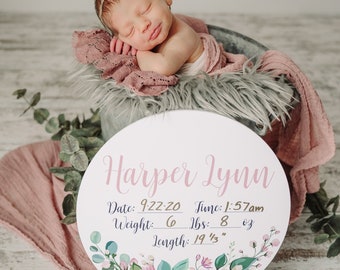 Baby Birth Stat Plaque | Personalized Birth Announcement Sign | Printed Newborn Stat | Name announcement | Birth Stat for Girl | Flower Baby