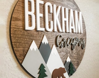 Woodland Theme Nursery Name Sign | Newborn Nursery Name Sign with Mountains | Mountain Nursery Decor | Unique Baby Shower Gift for New Mom