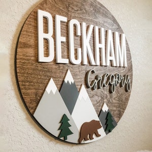 Woodland Theme Nursery Name Sign | Newborn Nursery Name Sign with Mountains | Mountain Nursery Decor | Unique Baby Shower Gift for New Mom