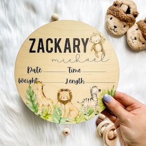 Baby Birth Stat Sign | Personalized Birth Announcement Sign | Gift for New Mom | Name Announcement | Safari Theme | Jungle Animals | Baby