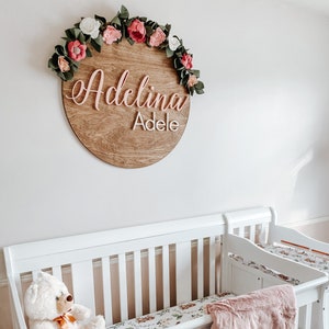 Nursery Name Sign, 12-36 Inch, Baby Shower, Personalized Round plaque, Customize Wood Baby Sign, 3D Letters, Floral Inspired Nursery Theme