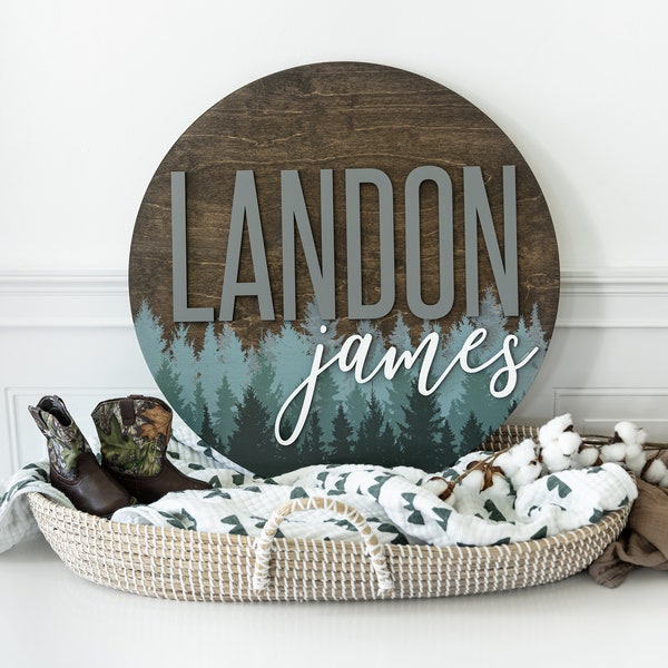 Round 3D Nursery Name Sign Pine Tree Pattern | 18-36 Inch Personalized Wooden Name Sign | Baby Name Sign | Baby Shower | Nursery Art Custom