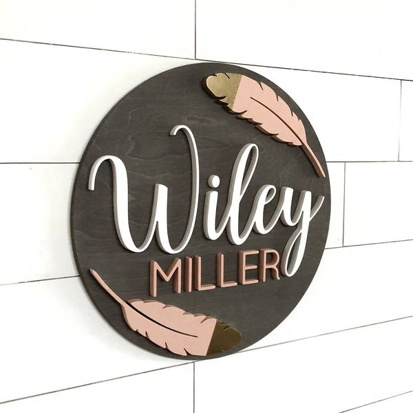 Custom Name Sign | Round Sign | Baby Name Sign | Nursery Feather Decor | Wood Sign | Nursery Wall Art | Baby Shower Gift | Wood Name Board