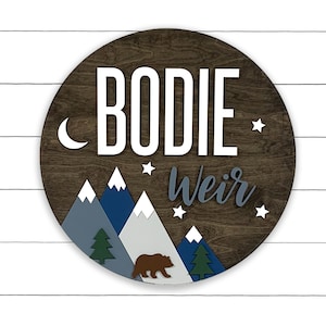 Nursery Name Sign | Mountain Theme | 18-36 inch | Adventure Nursery Room Decor | Wood Sign | Custom Sign | Baby Shower Gift | Round Crib