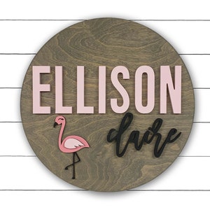 Custom Name Sign |  Round Sign | Baby Name Sign | Flamingo Nursery | Wood Sign | Flamingo Wall Art | Baby Shower Gift | Name Sign for girl