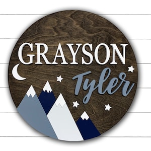 Nursery Name Sign | Mountain Name Sign | Adventure Nursery Room Decor | Wood Sign | Custom | Baby Shower Gift | Round Wood Name Sign for Boy
