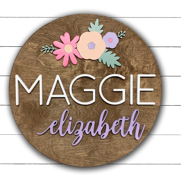 Custom Name Sign | Round Baby Name Sign | Floral Nursery Room Decor | Wood Nursery Name Sign | Baby Shower Gift | Custom Baby Name Sign