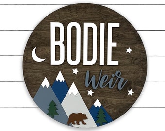 Nursery Name Sign | Mountain Theme | 18-36 inch | Adventure Nursery Room Decor | Wood Sign | Custom Sign | Baby Shower Gift | Round Crib