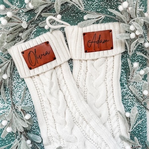 Personalized Christmas Stockings, Leather Patch Stockings, Laser Engraved, Holiday Stockings, Knit Stockings, Holiday Decor, Christmas Gift