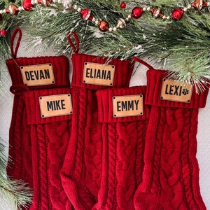 Knit Christmas Stockings, Engraved Leather Patch Stocking, Personalized Stocking, Family Christmas Stocking, Holiday Stockings, 2024