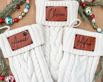 Personalized Christmas Stockings, Leather Patch Stockings, Laser Engraved, Holiday Stockings, Knit Stockings, Family Christmas Stockings