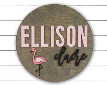 Custom Name Sign |  Round Sign | Baby Name Sign | Flamingo Nursery | Wood Sign | Flamingo Wall Art | Baby Shower Gift | Name Sign for girl