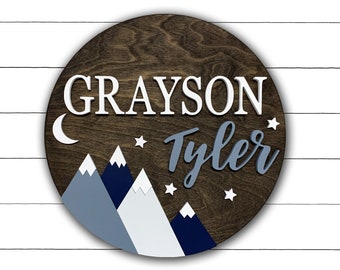 Nursery Name Sign | Mountain Name Sign | Adventure Nursery Room Decor | Wood Sign | Custom | Baby Shower Gift | Round Wood Name Sign for Boy