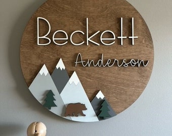 Woodland Theme Nursery Name Sign, Newborn Nursery Name Sign with Mountains, Mountain Nursery Decor, Woodland Nursery Wall Art, Mountain sign