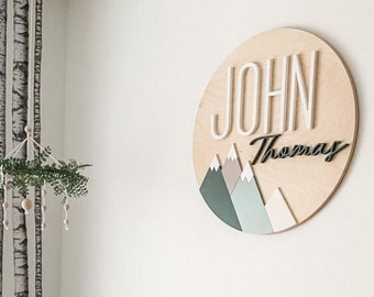 Nursery Name Sign | Mountain Name Sign | Adventure Nursery Room Decor | Personalized Woodland Theme | Baby Shower Gift | Round Name Sign Boy