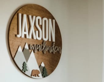 Nursery Name Sign | Bear Mountain Sign | 18-36 inch | Adventure Nursery Room Decor | Wood Sign | Custom Sign | Baby Shower Gift | Newborn