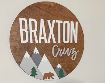Custom Nursery Name Sign | Bear Mountain Sign | 18-36 inch | Adventure Nursery Room Decor | Wood Sign | Personalized Baby | Baby Shower Gift