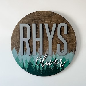 3D Name Sign Pine Tree Mountain Decor | 18-36 Inch Personalized Wooden Name Sign | Baby Name Sign | Baby Shower | Woodland Nursery, Wall Art