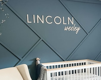 May include: A nursery with a blue and white color scheme. The room features a white crib, a white rocking chair, a white bookshelf, and a white dresser. The wall is painted a deep blue and has a wooden sign that says "LINCOLN wesley".
