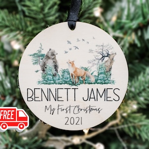 Baby&#39;s First Christmas Ornament, Personalized Christmas Ornament, First Christmas, Woodland Animal Baby Ornament, 3.5&quot; Wood Ornament