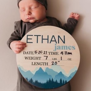 Birth Announcement Sign | Baby Name Announcement Plaque | Hospital Welcome Sign | Baby Stats | Wooden Name Announcement for Newborn