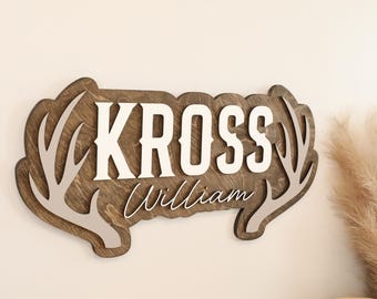 Deer Antler Name Sign Personalized — Custom Wood 3D Baby Boy Nursery Sign, Woodland Boys Room Wall Decor, 12 to 42 Inch, Ships Free