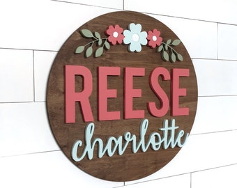 Custom Flower Name Sign |Floral Nursery | Round Sign | Child or Baby Name | Nursery Sign | Baby Gift | Baby Shower | Shower Gift | Nursery