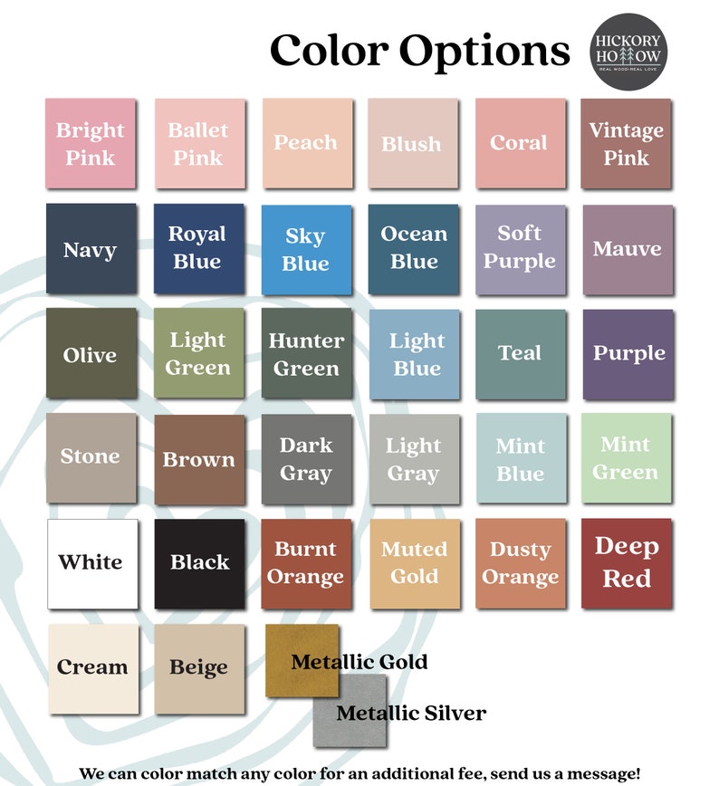 May include: A color chart with various color options, including pinks, blues, greens, and neutrals. The text "Color Options" is at the top, with the Hickory Hollow logo. The chart includes colors like "Bright Pink," "Navy," and "Black."
