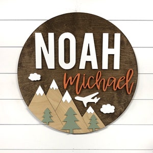 Custom Name | 18-36&quot; Adventure Mountain Sign | Baby Name Sign | Nursery Room Decor | Wood Sign | Nursery Wall Art | Baby Shower | Wood Name