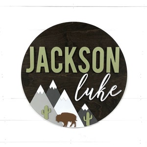 Nursery Name Sign | Buffalo Bison Mountain Sign | 18-36 inch | Adventure Nursery Room Decor | Wood Sign | Custom Sign | Baby Shower Gift