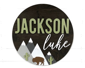 Nursery Name Sign | Buffalo Bison Mountain Sign | 18-36 inch | Adventure Nursery Room Decor | Wood Sign | Custom Sign | Baby Shower Gift