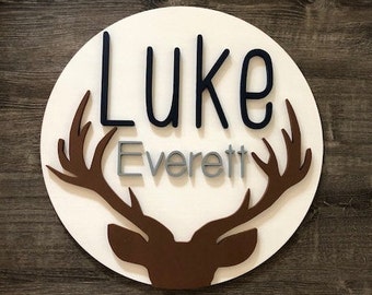 Custom Name Sign | Round | Antler | Baby Name |  Boy Nursery Sign | Baby Gift | 3D | Antler Deer sign | Baby Shower | Gift | Boy Nursery